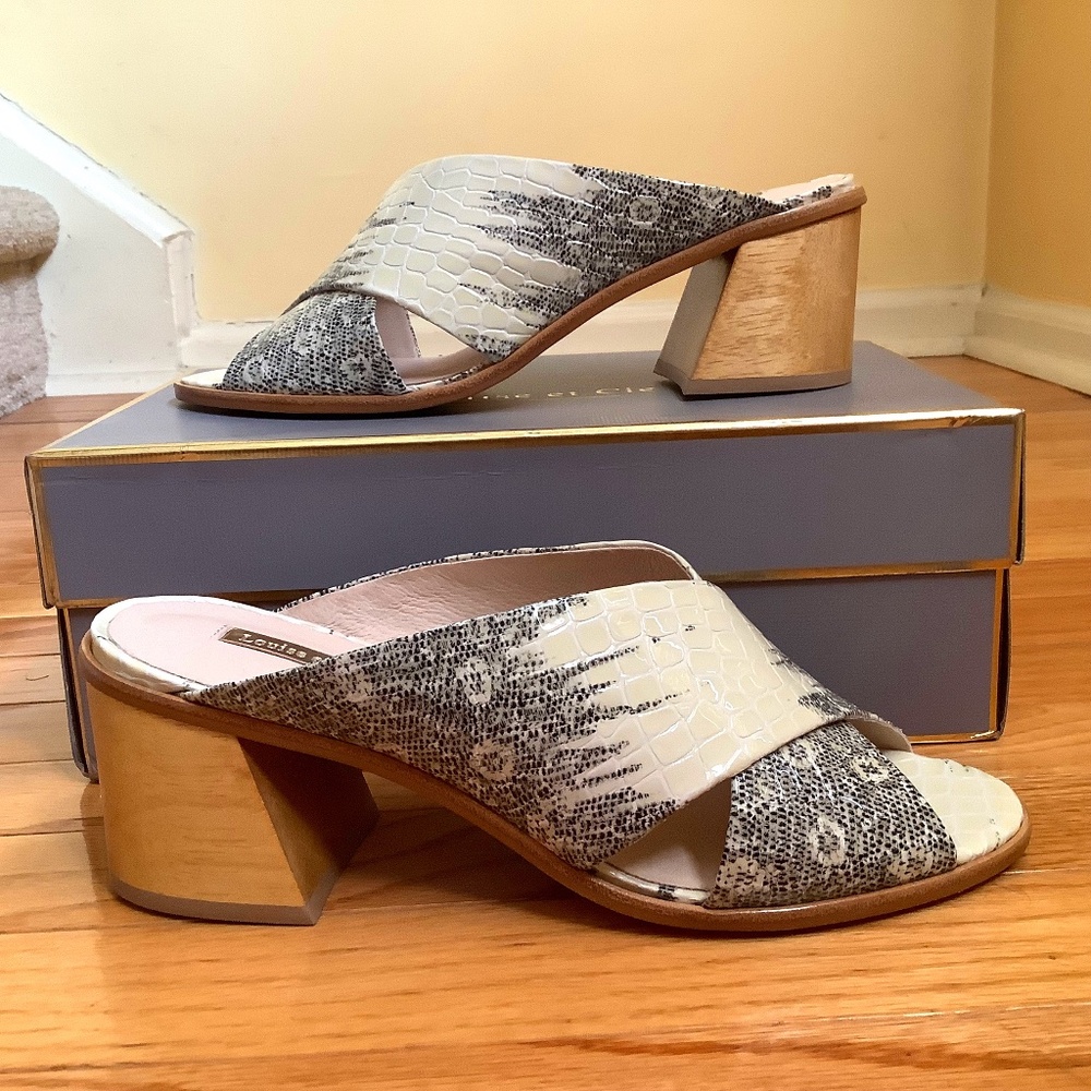 Louise Et Cie Harding Patent Leather Snake Pint Block Heel Sandal Black/Ivory 9